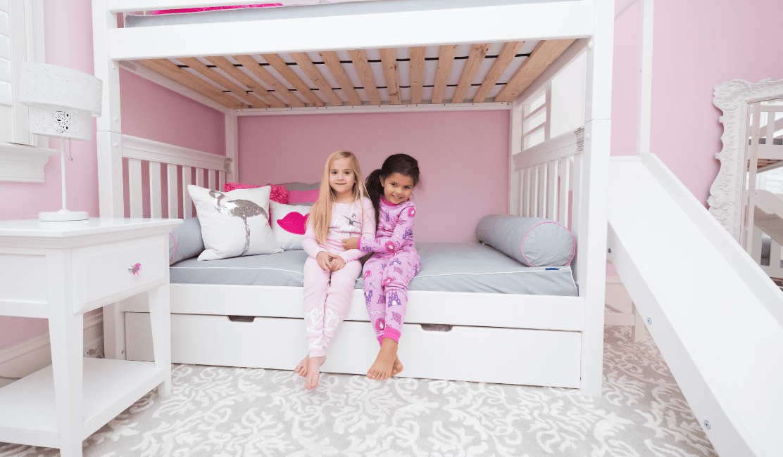 high bunk bed with slide platform for kids room