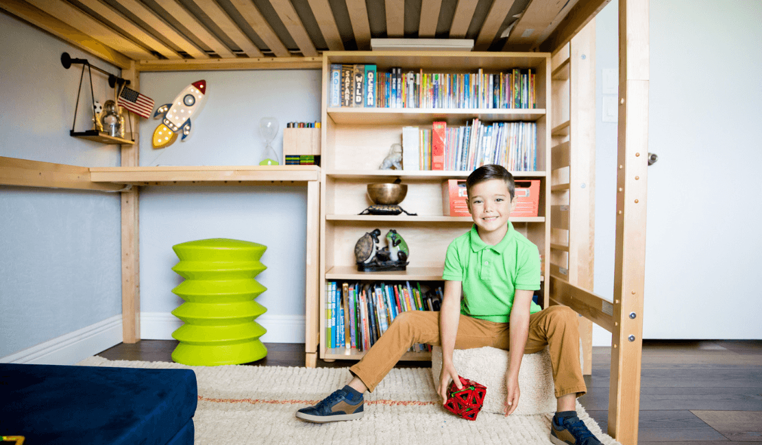 loft bed with desk and bookcase for boys shared room