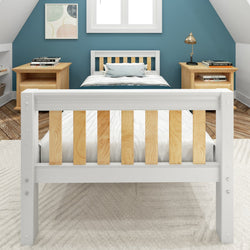 Stylish modern bedroom with wooden bed frame, teal accent wall, and minimalist decor.