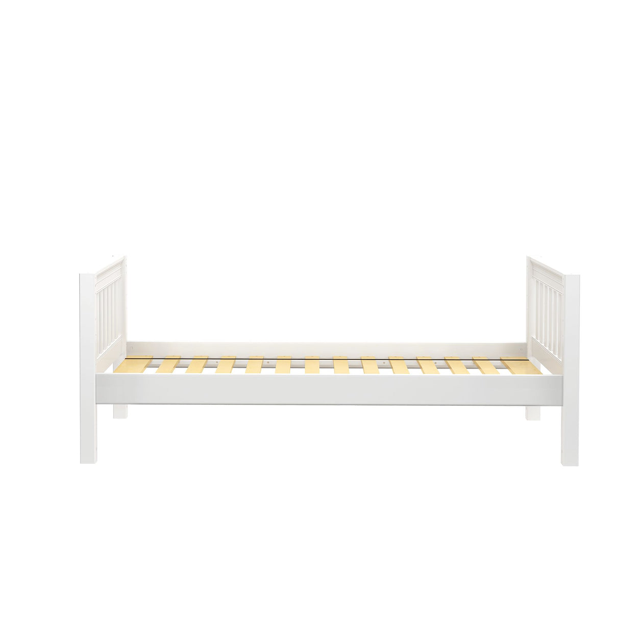 White wooden bed frame with slatted base, ideal for modern bedroom furniture setup.