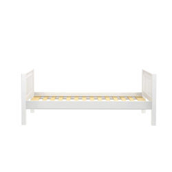 White wooden bed frame with slatted base, ideal for modern bedroom furniture setup.