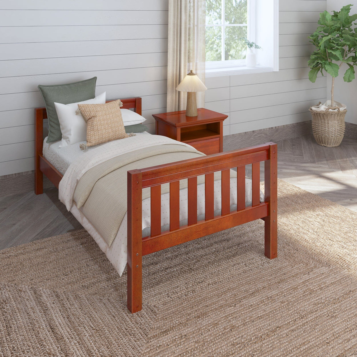 Single wooden bed in a cozy bedroom with natural decor and soft lighting.
