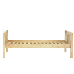 Natural wood twin bed frame with slatted design for bedroom furniture.