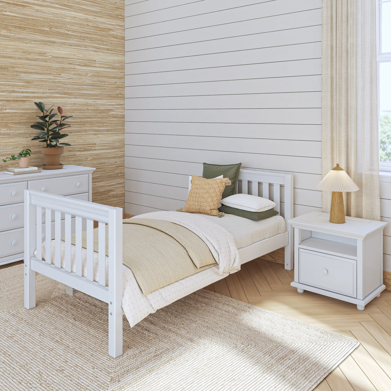 White modern children's bedroom with wooden single bed, matching nightstand, and cozy decor in natural colors.
