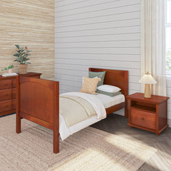Stylish wooden bedroom furniture set with single bed, nightstand, and dresser in cozy modern room.