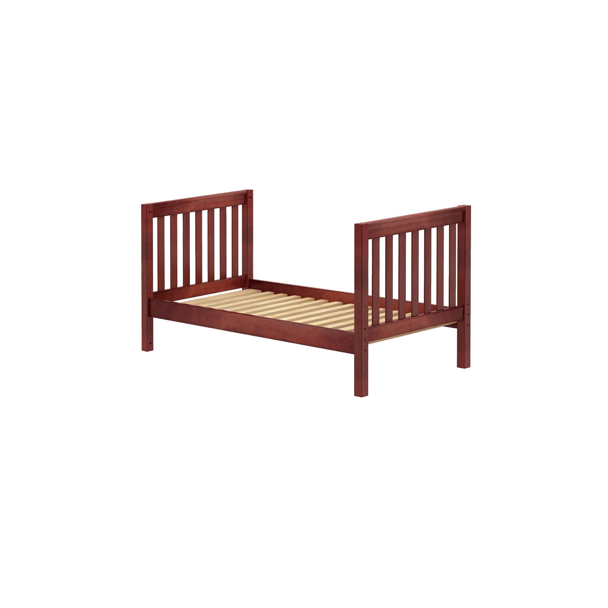 Wooden toddler bed frame in classic mahogany finish with safety rails.