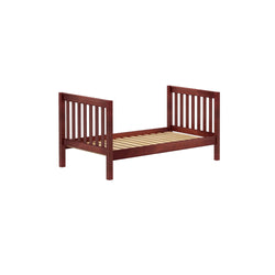 Wooden toddler bed frame with slatted sides in a rich brown finish.
