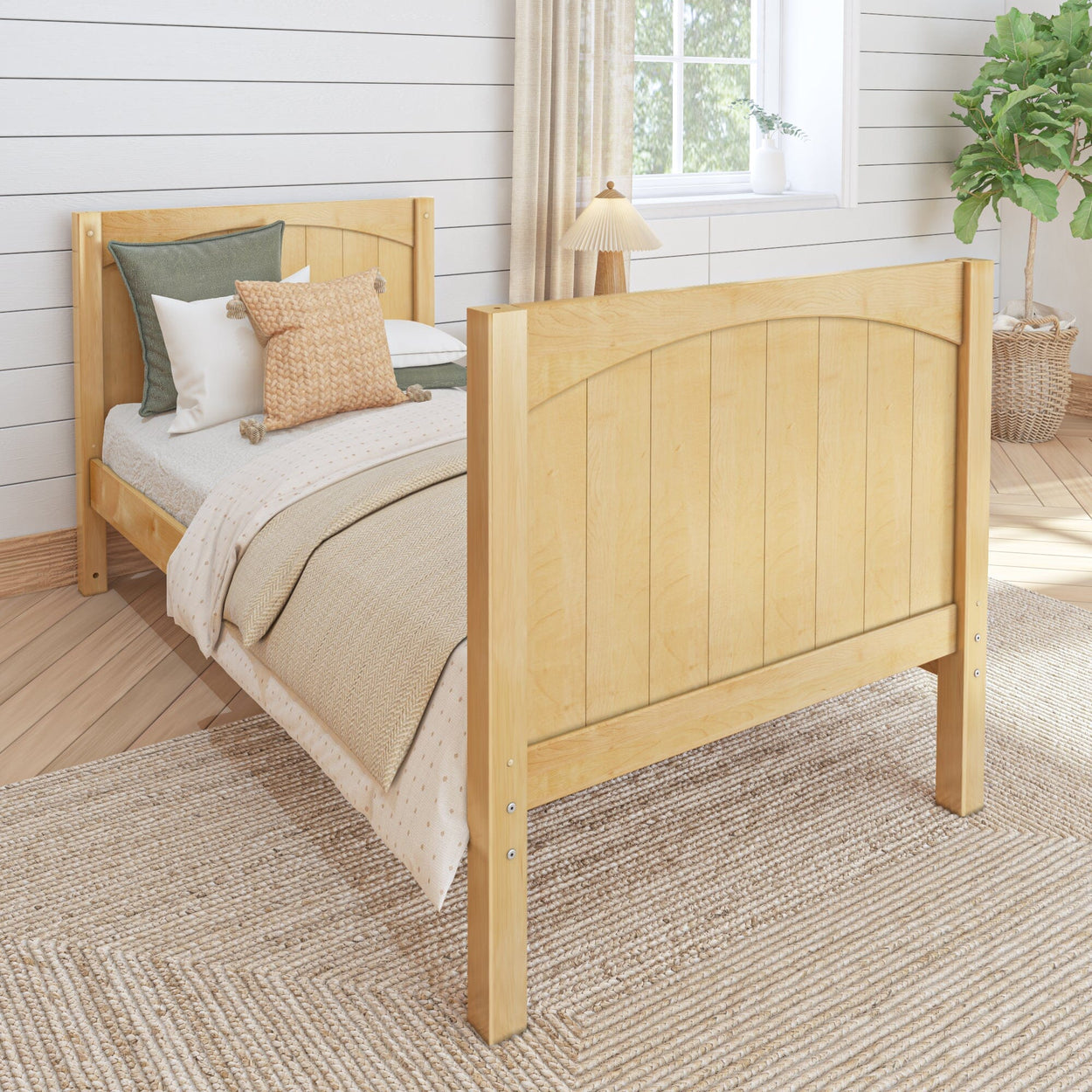 Natural wood bed frame in cozy bedroom with modern decor and indoor plant.