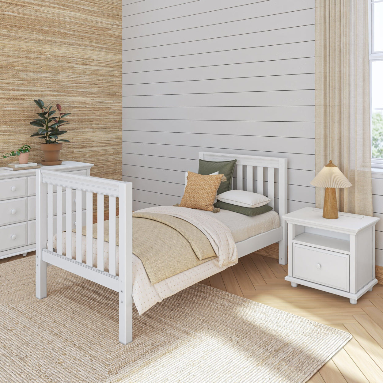 Cozy bedroom with white wooden bed, beige bedding, and rustic decor.