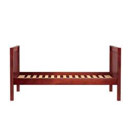 Red wooden bed frame with slatted support, ideal for a modern bedroom.