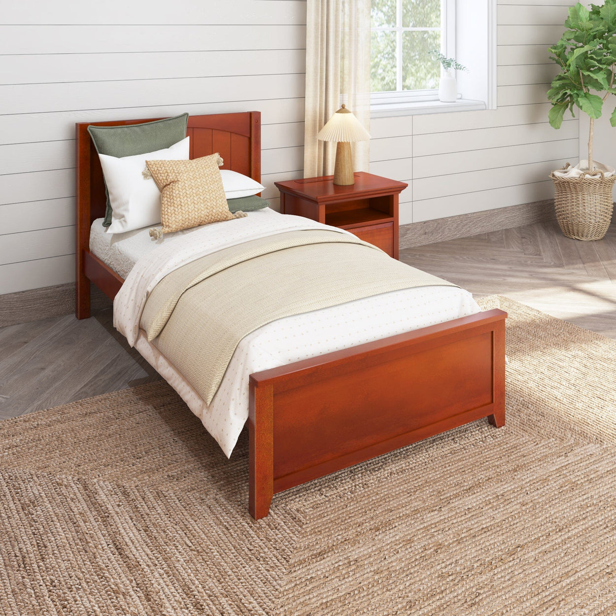 Single wooden bed with neutral bedding in a cozy, light-filled bedroom.