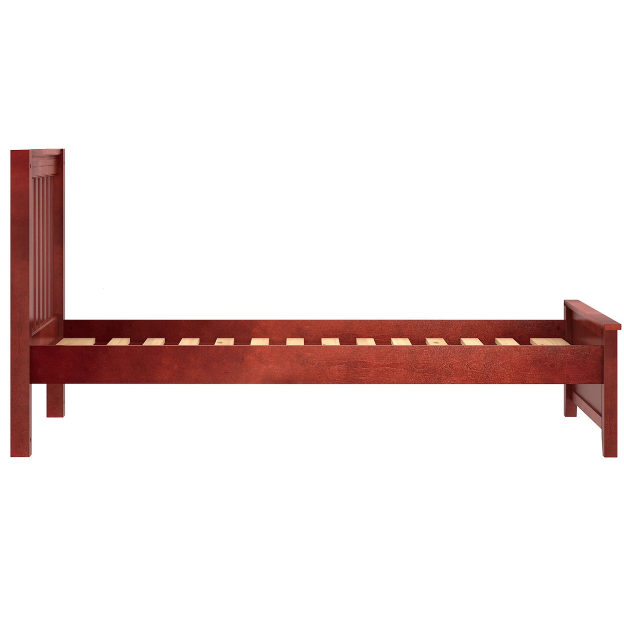 Cherry wood twin bed frame with slatted base and high headboard.
