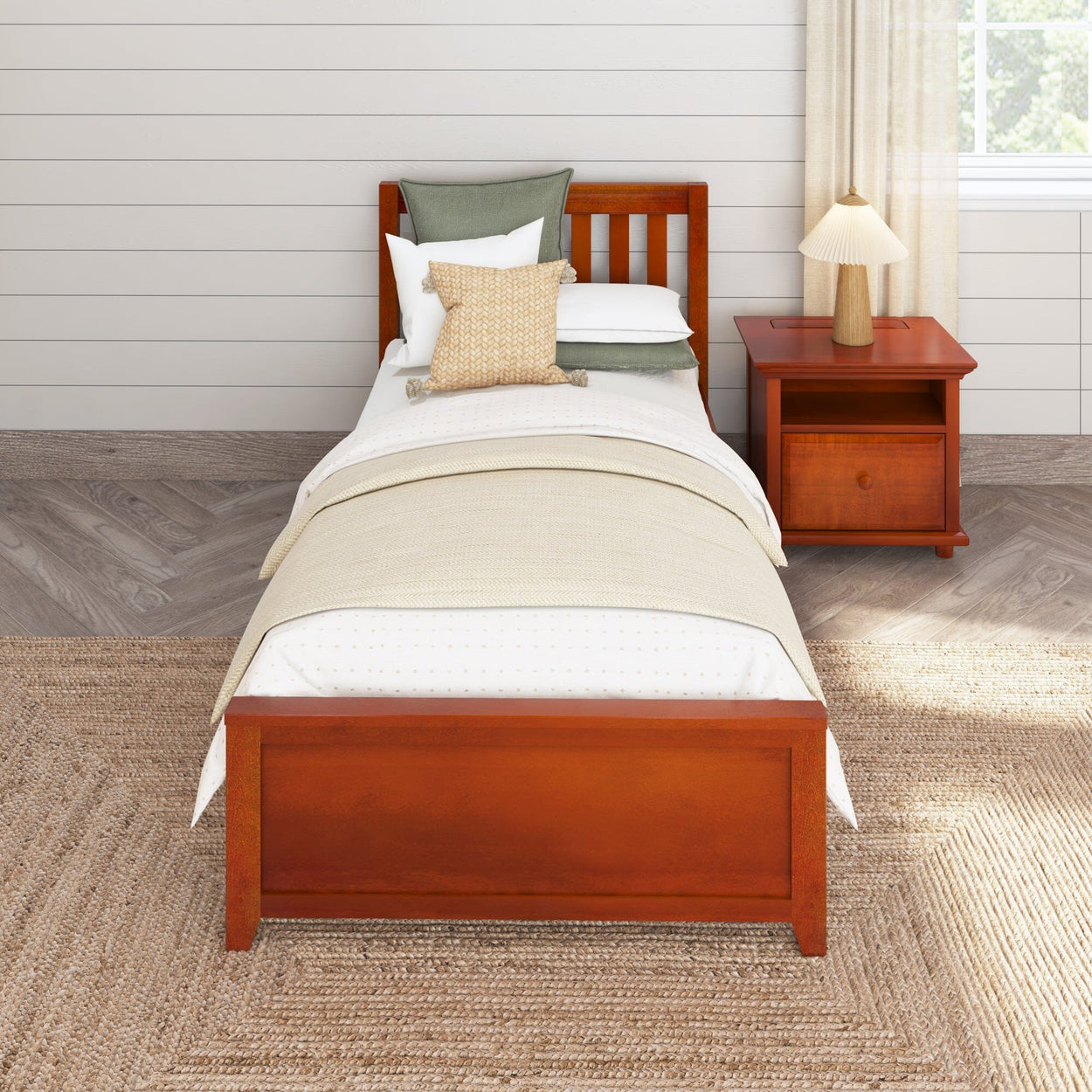 Wooden bed with cozy bedding in a modern bedroom next to a matching wooden nightstand.