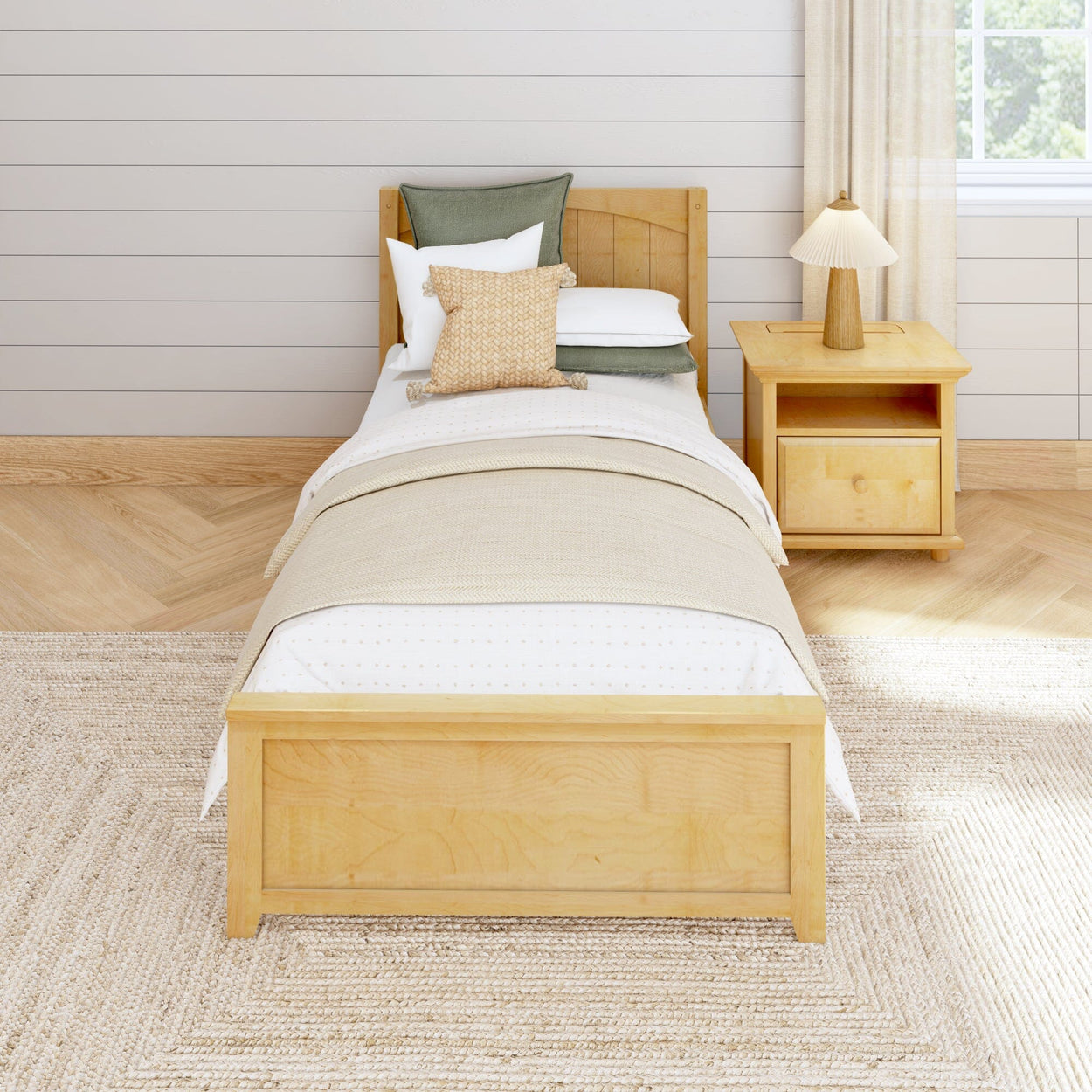 Cozy modern bedroom with wooden bed frame, nightstand, and neutral decor.
