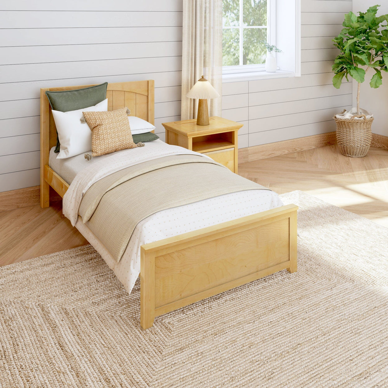 Cozy bedroom with wooden single bed, green and beige pillows, matching nightstand, and indoor plant by the window.