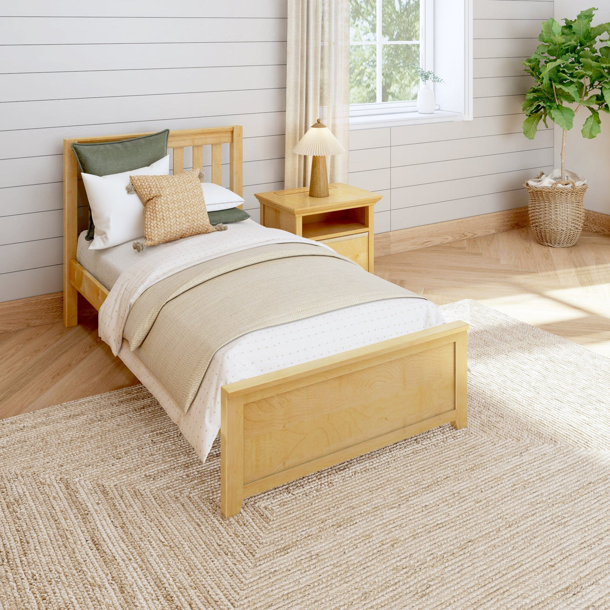Cozy bedroom with light wood bed frame, bedside table, and natural accents.