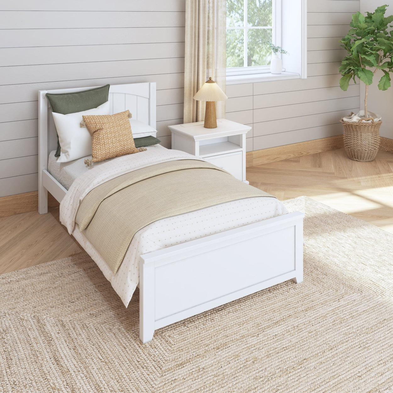 Cozy kids room with a white wooden bed, neutral bedding, nightstand with lamp, and potted plant.