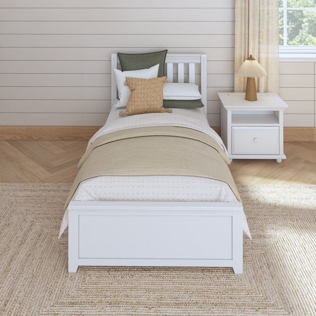 Single white wooden bed with beige linens and a nightstand in a cozy, modern bedroom setting.