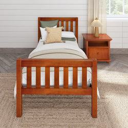 Wooden twin bed frame with a slatted design, accompanied by a nightstand, in a cozy bedroom with neutral decor.