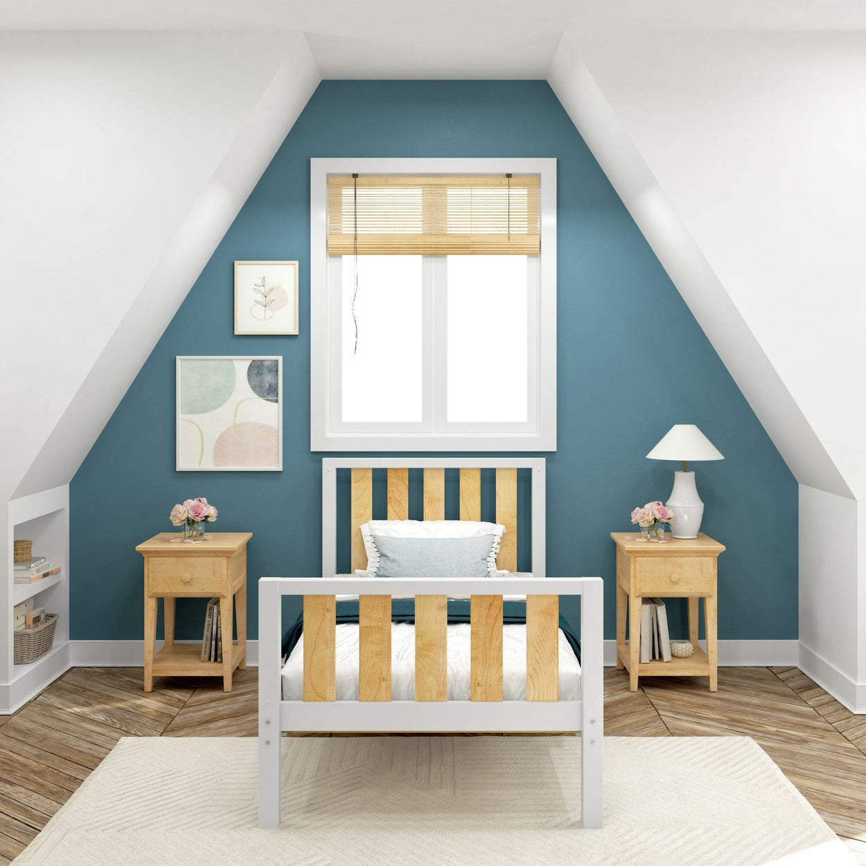Cozy attic bedroom with wooden furniture, blue accent wall, and modern decor.