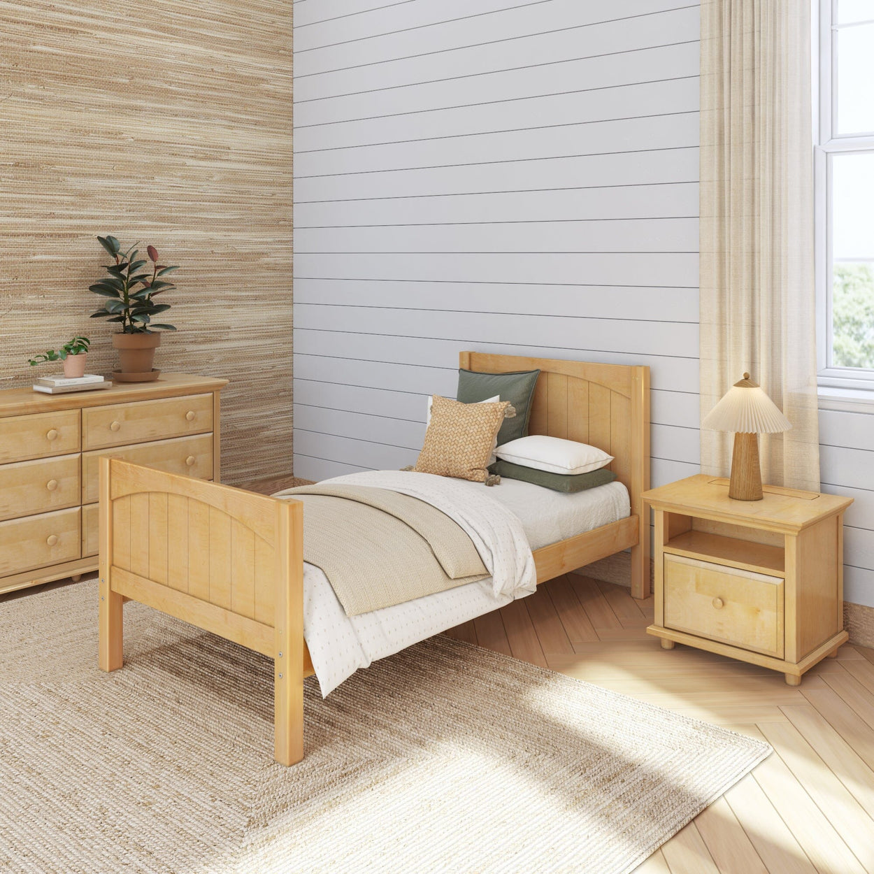 Modern minimalist bedroom with wood furniture, single bed, natural textures.