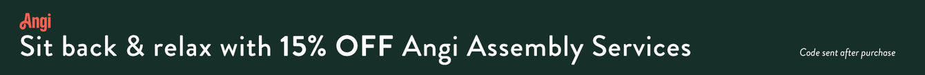 Dark green banner with the text "Angi" in orange and below it "Sit back and relax with 15 percent off Angi Assembly Services". In smaller print on the right, it reads "Code sent after purchase"