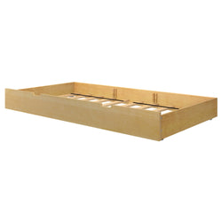 Wooden trundle bed frame with a natural finish for space-saving bedroom solutions.