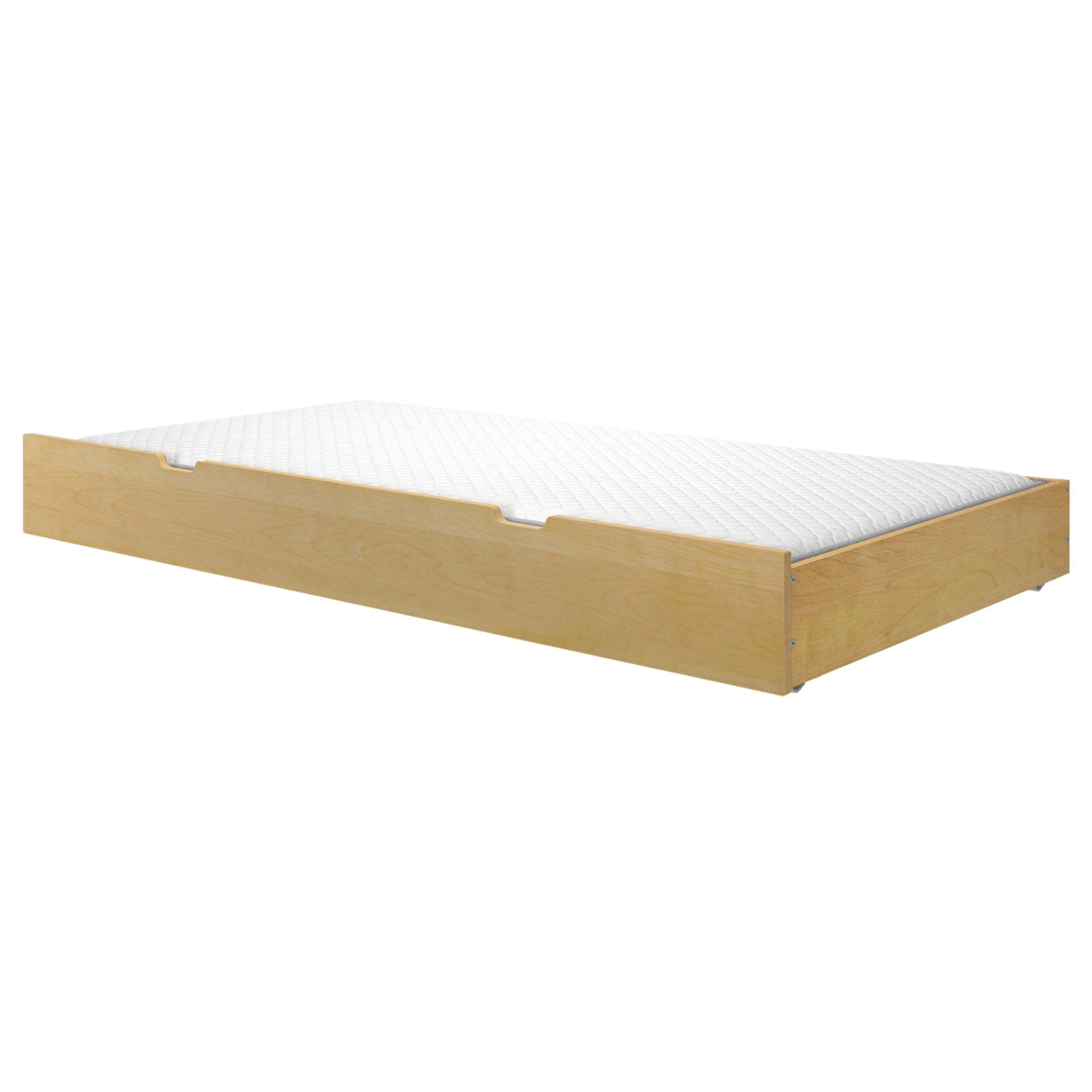 Wooden trundle bed frame with white mattress for space-saving bedroom solutions.