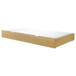 Wooden trundle bed frame with white mattress for space-saving bedroom solutions.