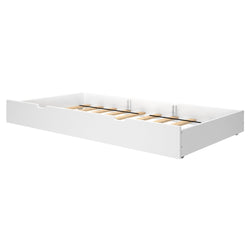 White underbed storage drawer with slatted base for extra bedroom organization.