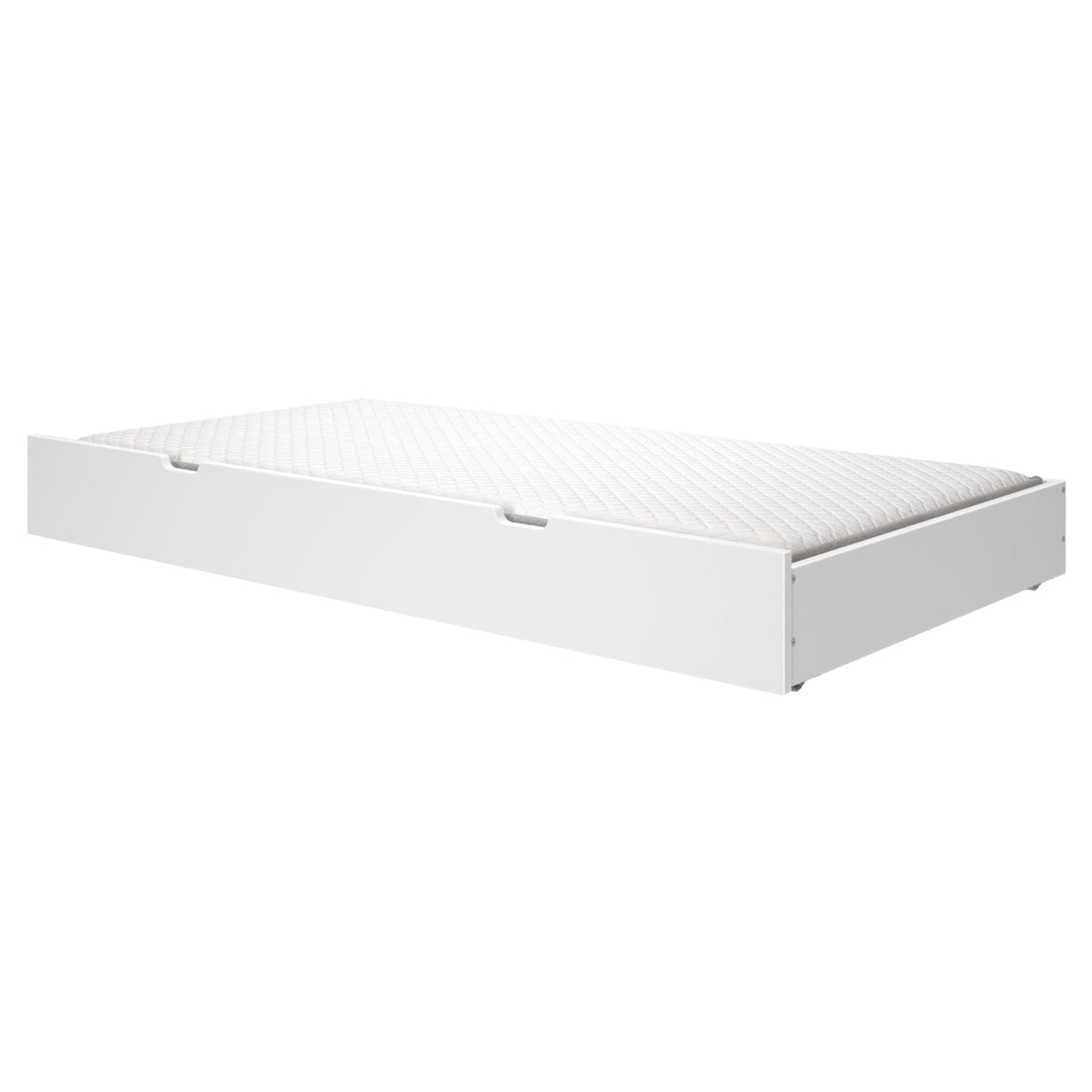White trundle bed with mattress in modern minimalist design for convenient guest sleeping solutions.