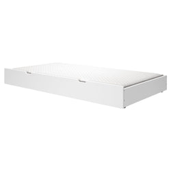 White trundle bed with mattress in modern minimalist design for convenient guest sleeping solutions.