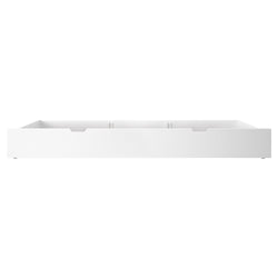 White underbed storage drawer with modern minimalist design for bedroom organization.