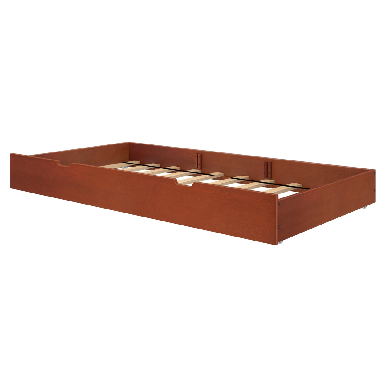 Underbed storage drawer in cherry wood finish with slatted design.