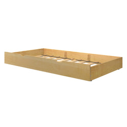 Natural wood pull-out trundle bed frame with slatted base for storage or extra sleeping space.