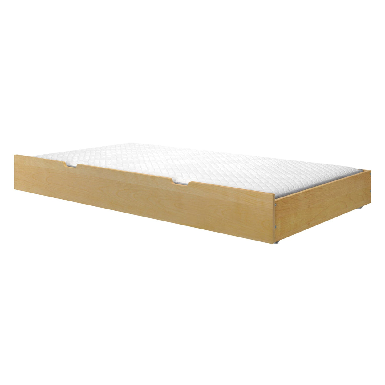 Wooden underbed storage drawer with white mattress for space-saving bedroom solutions.