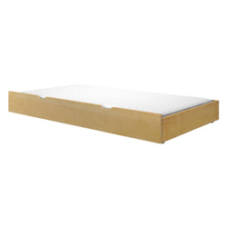 Wooden underbed storage drawer with white mattress for space-saving bedroom solutions.