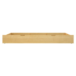 Natural wooden under bed storage drawer for space-saving bedroom organization.
