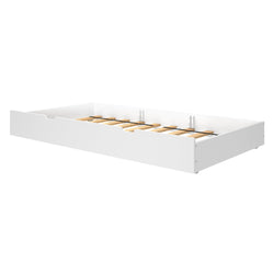 White wooden bed frame with storage space underneath.