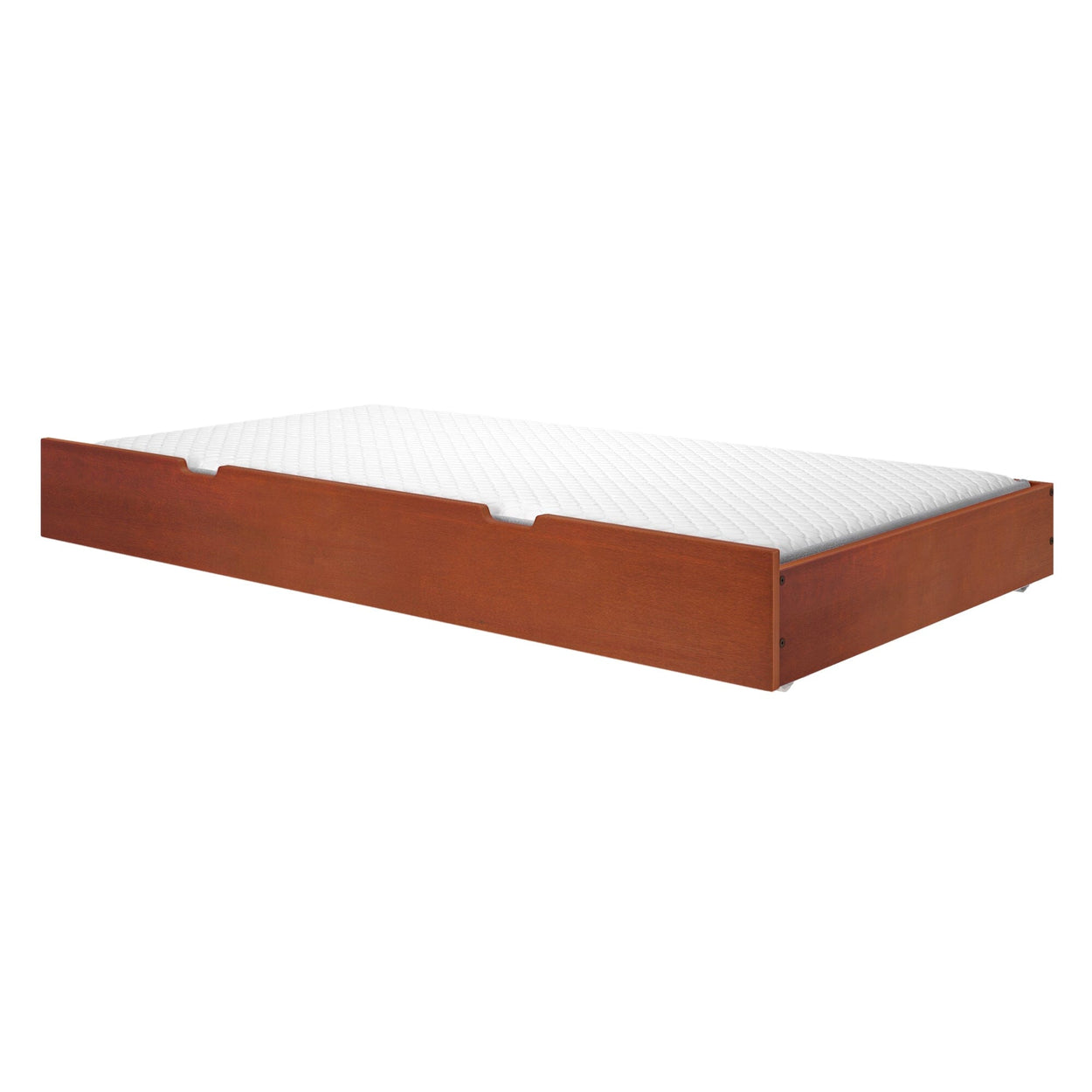 Wooden trundle bed with white mattress for space-saving bedroom solutions.