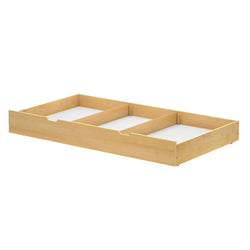 Natural wood underbed drawer for storage and organization.