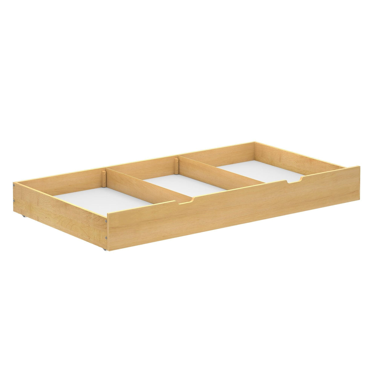 Wooden underbed storage drawer with compartments for organizing items in a modern bedroom.