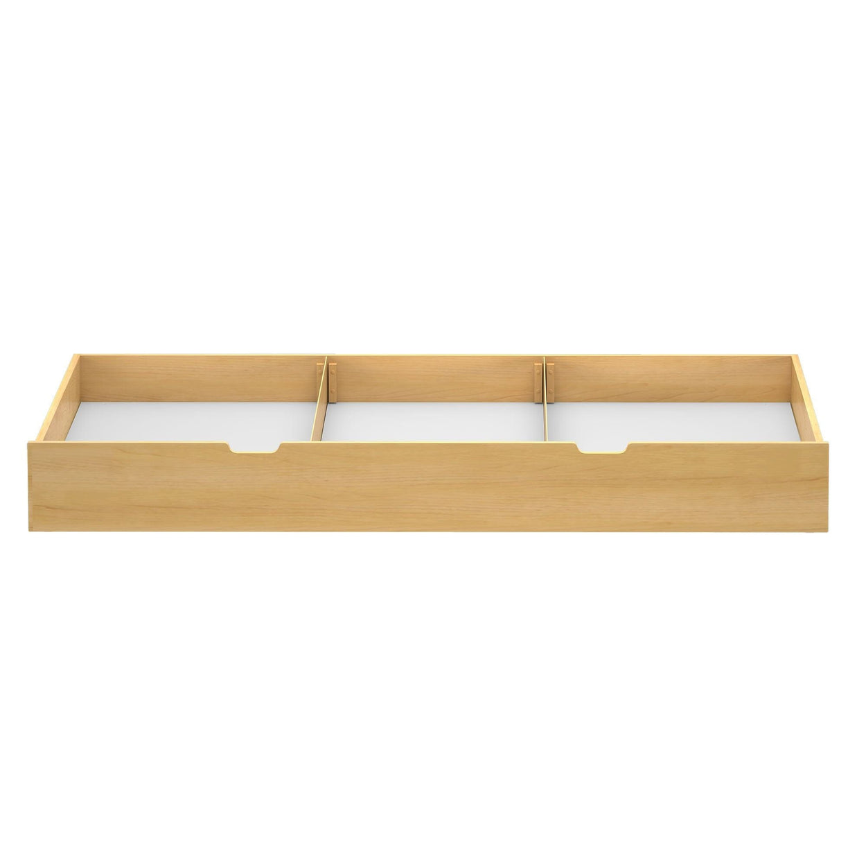 Wooden underbed storage drawer with compartments for maximizing bedroom organization.