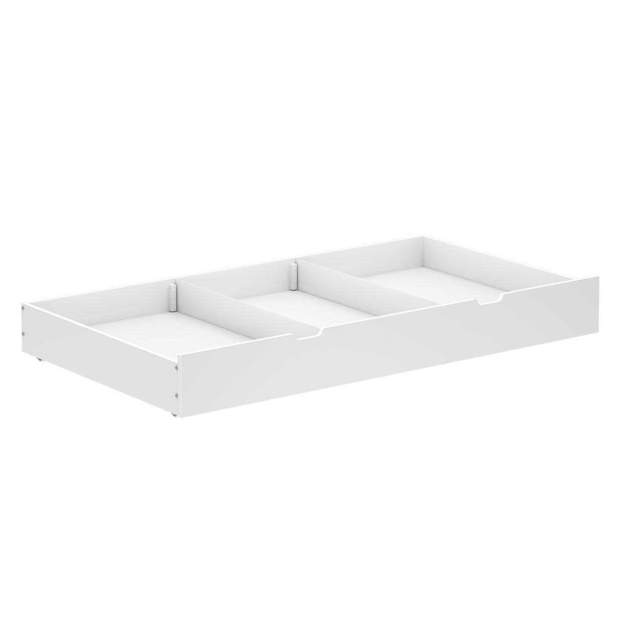 White under-bed storage drawer with multiple compartments for organized space-saving.