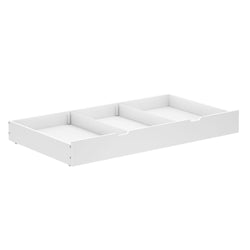 White under-bed storage drawer with multiple compartments for organized space-saving.