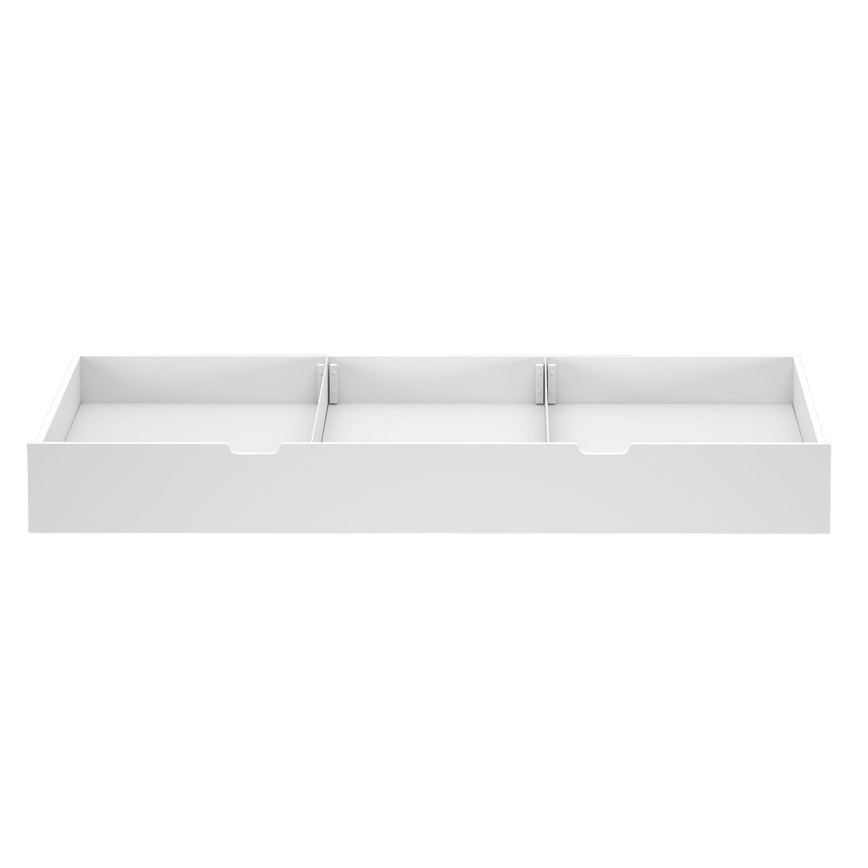 White under-bed storage drawer with three compartments for bedroom organization.