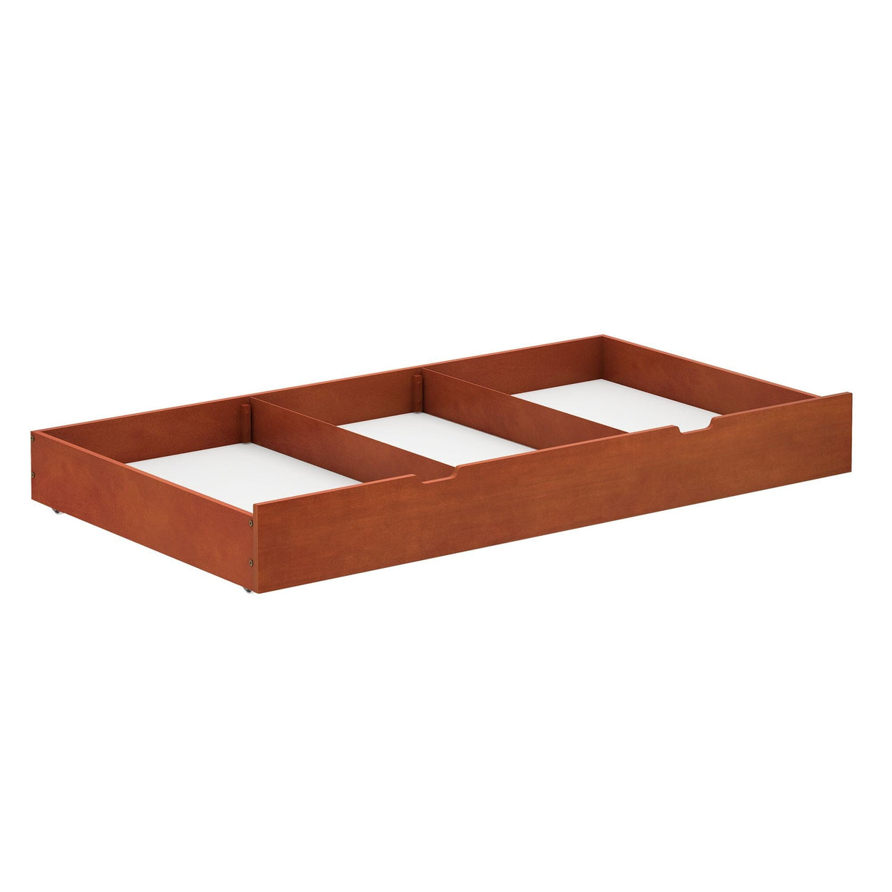 Underbed storage drawer in cherry wood finish, ideal for bedroom organization and maximizing space.