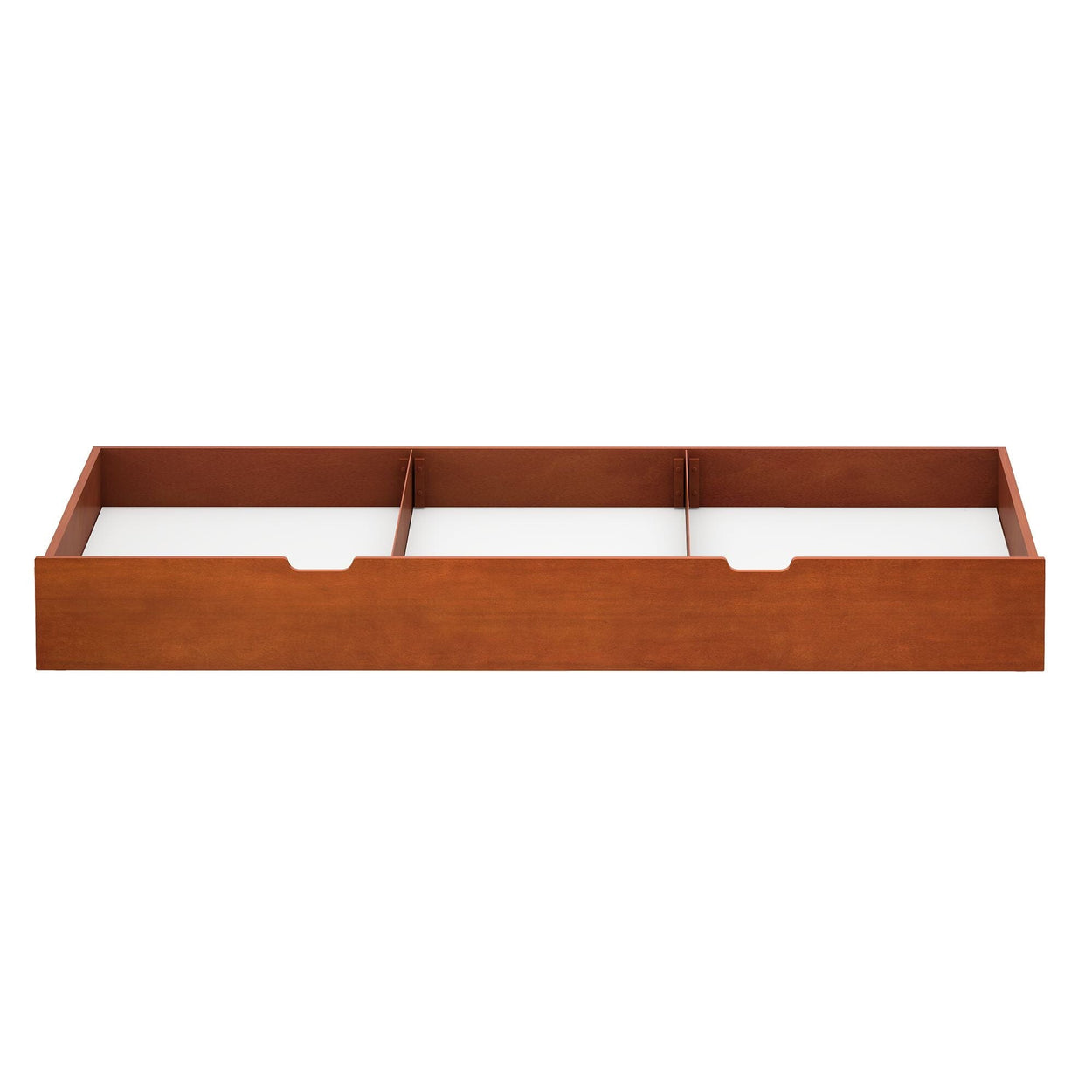 Wooden under-bed storage drawer with three compartments for organizing bedroom essentials.