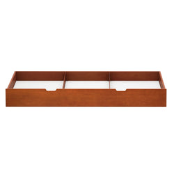Wooden under-bed storage drawer with three compartments for organizing bedroom essentials.