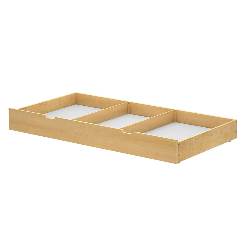 Wooden under bed storage drawer with divider for extra organization.